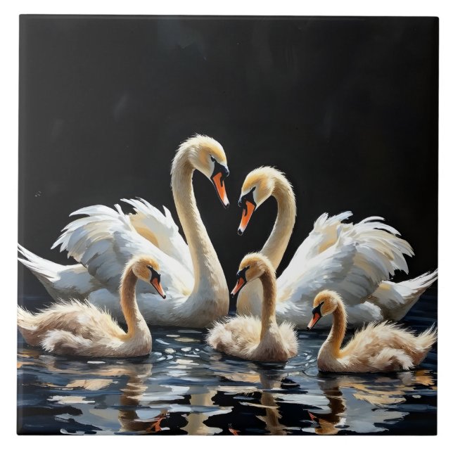Swan Family on Black Lake Artwork Ceramic Tile (Front)