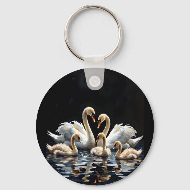 Swan Family on Black Lake Artwork Key Ring (Front)