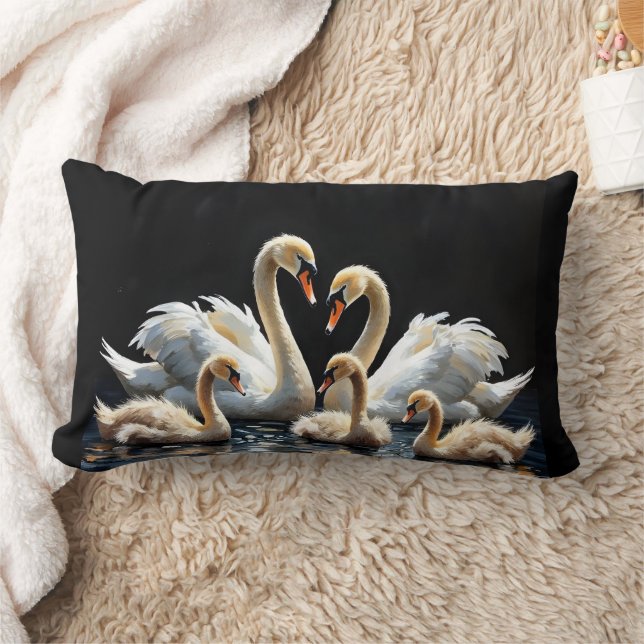 Swan Family on Black Lake Artwork Lumbar Cushion (Blanket)