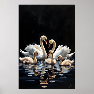 Swan Family on Black Lake Artwork Poster