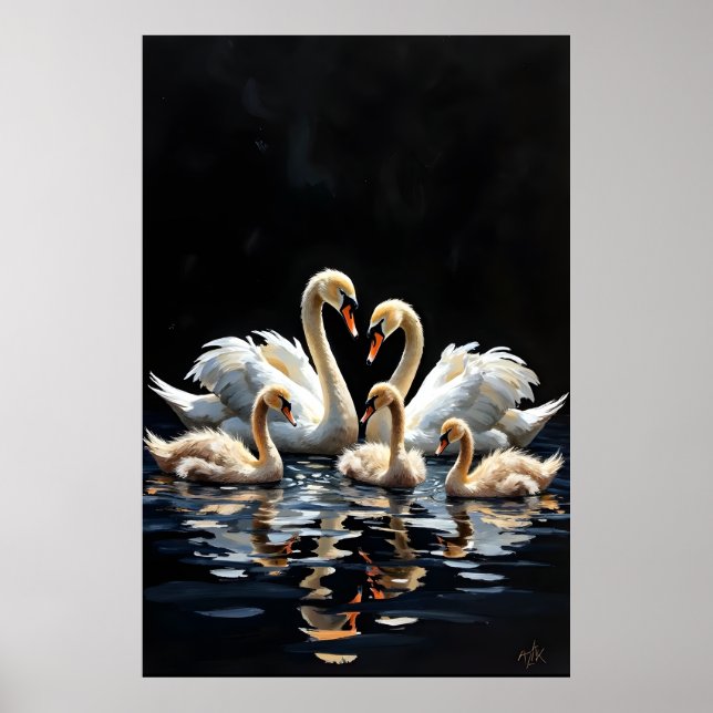 Swan Family on Black Lake Artwork Poster (Front)
