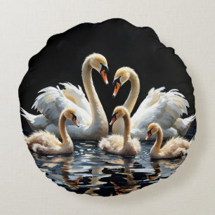 Swan Family on Black Lake Artwork Round Cushion