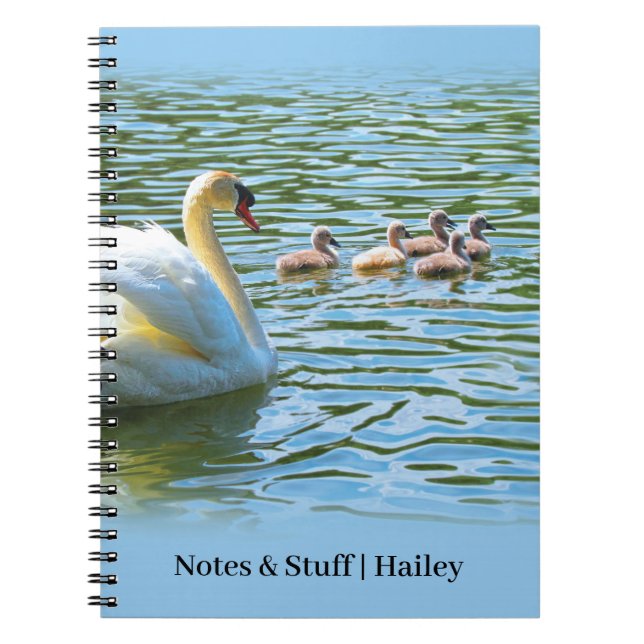 Swan Family on Lake Blue Personalised Notebook (Front)