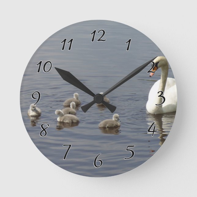 Swan Family with mum and ducklings or cygnets Round Clock (Front)
