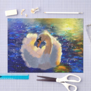 Swan Floating on Sunlit Water Blue White Decoupage Tissue Paper