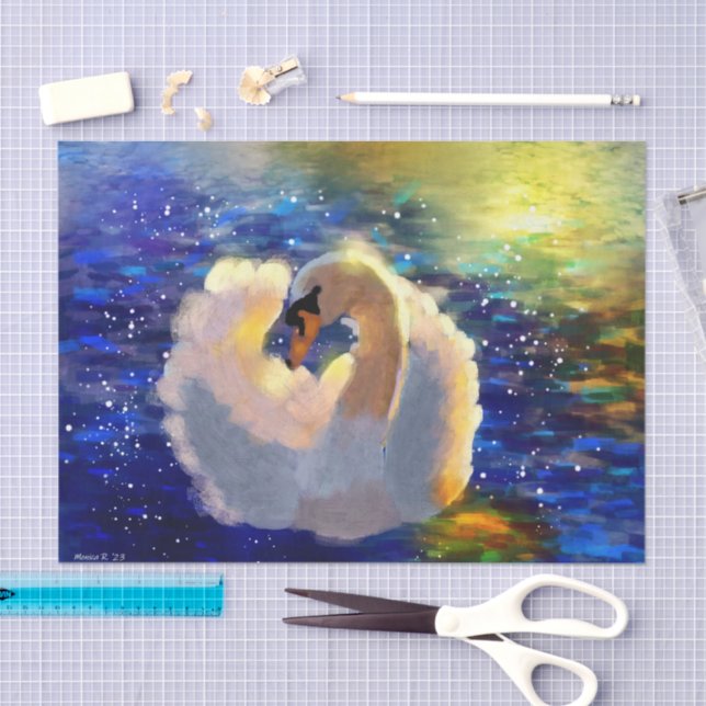 Swan Floating on Sunlit Water Blue White Decoupage Tissue Paper (Craft)
