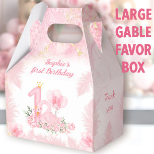 Swan Floral Feather Pink 1st Birthday Large Gable Favour Box