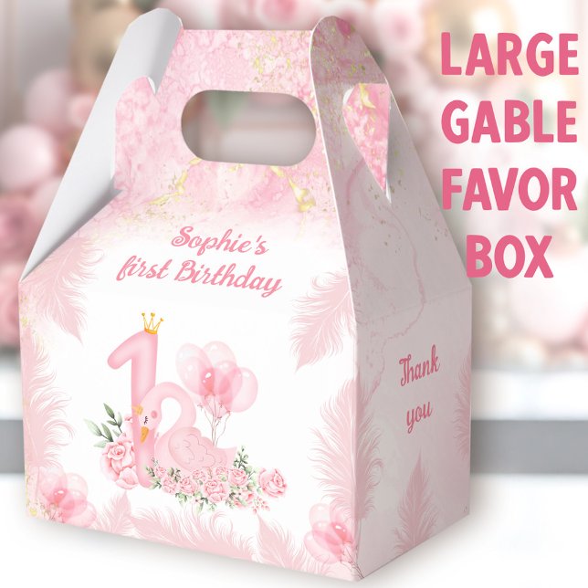 Swan Floral Feather Pink 1st Birthday Large Gable Favour Box (Swan large gable favor boxes. You can choose from 3 sizes of these gable favor boxes.)