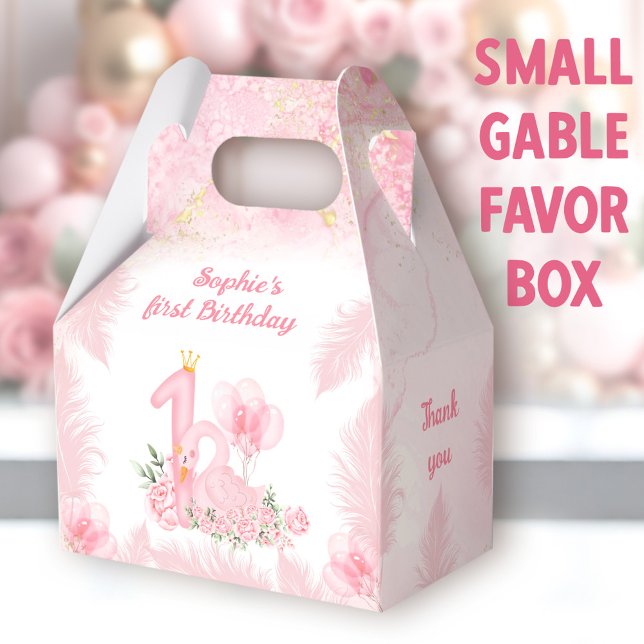 Swan Floral Feather Pink 1st Birthday Small Gable Favour Box (Swan small gable favor boxes. You can choose from 3 sizes of these gable favor boxes.)