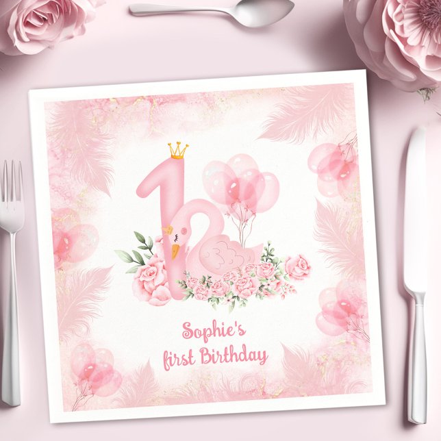 Swan Floral Feather Pink White Girl 1st Birthday Napkin (Swan Floral Feather Pink White Girl 1st Birthday Napkins)