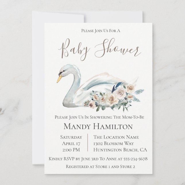Swan Floral Neutral Baby Shower Invitation (Front)