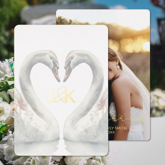 Swan Foil Wedding Announcement Add Photo Card (Swan Foil Wedding Announcement Add Photo Card (front and back))