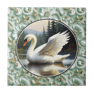 Swan Glides Gracefully on Lake Ceramic Tile