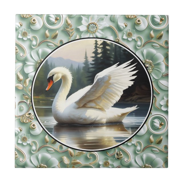 Swan Glides Gracefully on Lake Ceramic Tile (Front)