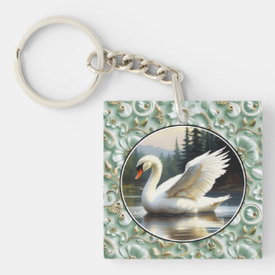 Swan Glides Gracefully on Lake Key Ring