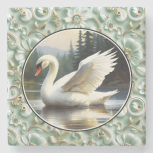 Swan Glides Gracefully on Lake Stone Coaster