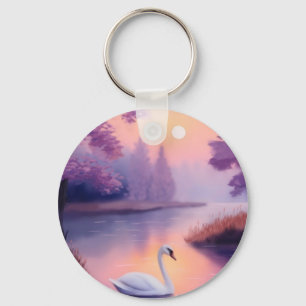 swan in the pond during sunset key ring