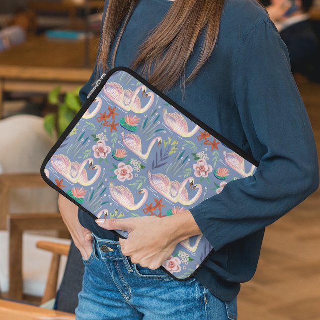 Swan in The Pound | Birds Floral Botanical Laptop Sleeve (Creator Uploaded)