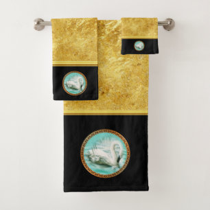 Swan in turquoise water with Gold and black design Bath Towel Set