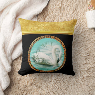 Swan in turquoise water with Gold and black design Cushion