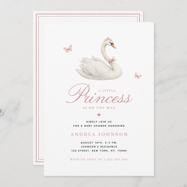 Swan Little Princess Pink Girl Baby Shower Invitation (Front/Back)