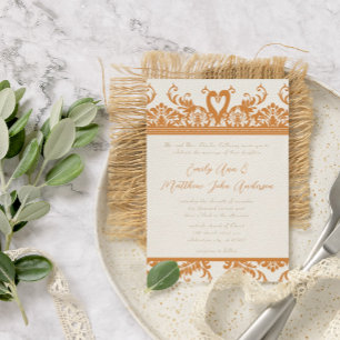 Swan Love Bird Coral & Ivory Damask Wedding Invite