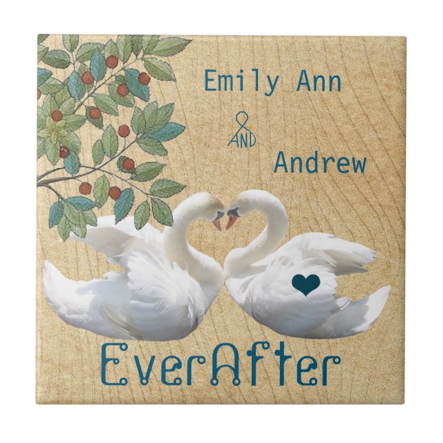 Swan Love Birds Wood Grain Ever After Anniversary Ceramic Tile (Front)
