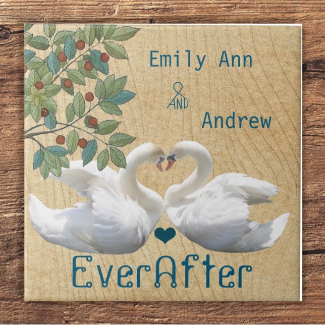 Swan Love Birds Wood Grain Ever After Anniversary Ceramic Tile (Creator Uploaded)