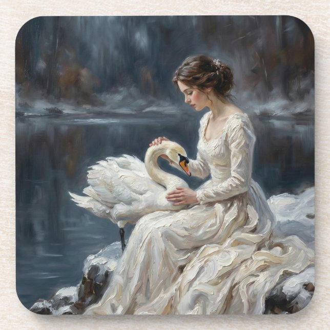 Swan Maiden Winter Lake Romance Fantasy Art Coaster (Front)