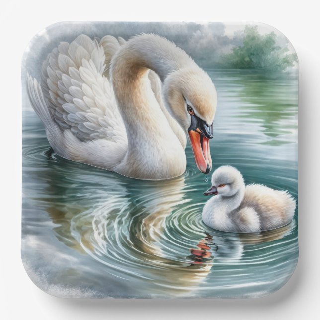 Swan Mother With Cygnet Paper Plate (Front)