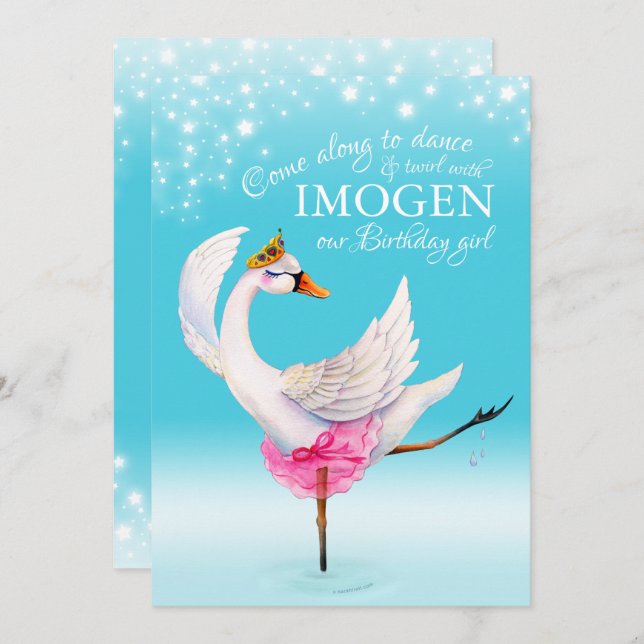 Swan on lake ballet 3rd birthday aqua invites (Front/Back)