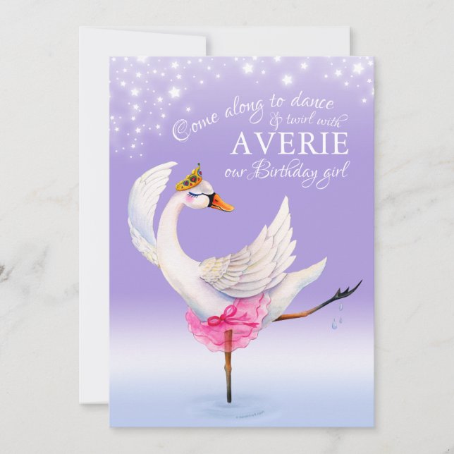 Swan on lake ballet 6th birthday purple invites (Front)