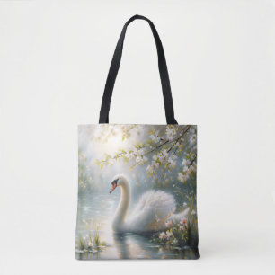 Swan on Lake Spring Floral Art Tote Bag