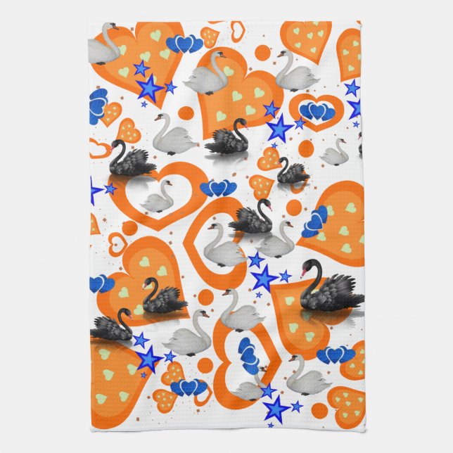 Swan Orange Hearts Kitchen Hand Towel (Vertical)