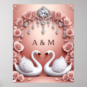 Swan Pair Pink Roses Wedding Chandelier Scene 🌹 Poster