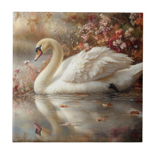 Swan Pastel Autumn Foliage Painting Ceramic Tile