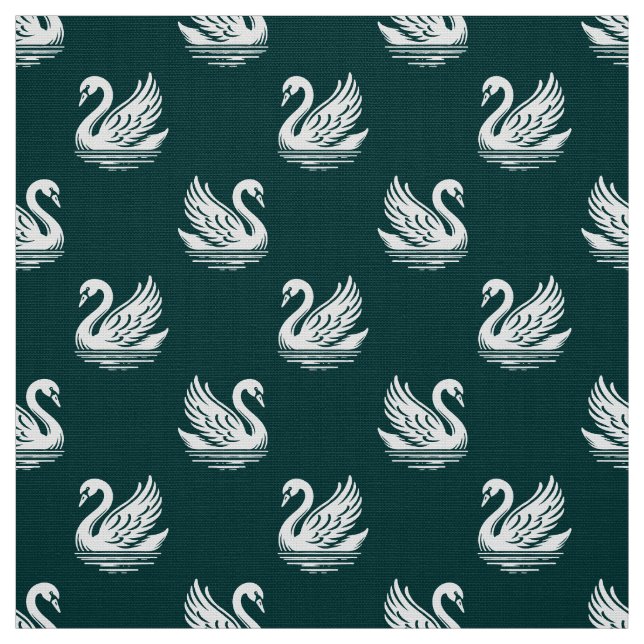 Swan Pattern 02 - White on Dark Green Fabric (Swatch)