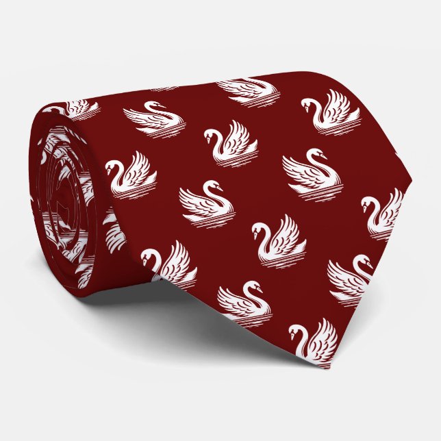 Swan Pattern 02 - White on Dark Red Tie (Rolled)