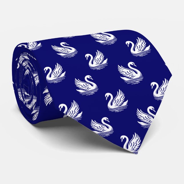 Swan Pattern 02 - White on Deep Navy Blue Tie (Rolled)
