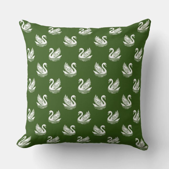 Swan Pattern 02 - White on Forest Green Cushion (Front)