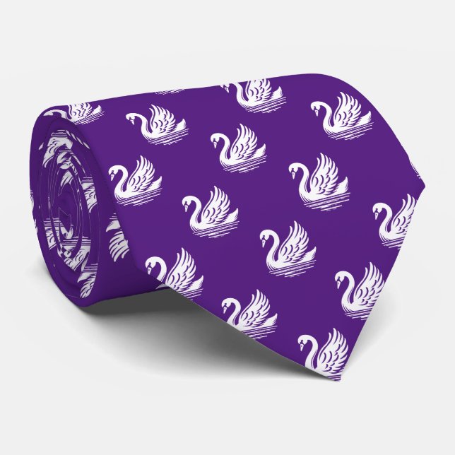 Swan Pattern - White on Royal Purple Tie (Rolled)