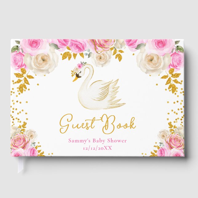 Swan Pink and Gold Roses Baby Shower Guest Book (Front)