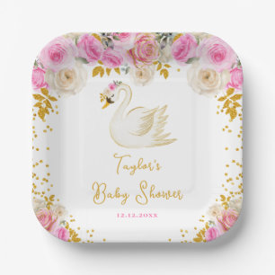 Swan Pink and Gold Roses Baby Shower Paper Plate