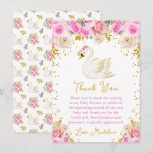 Swan Pink and Gold Roses Baby Shower Thank You Card