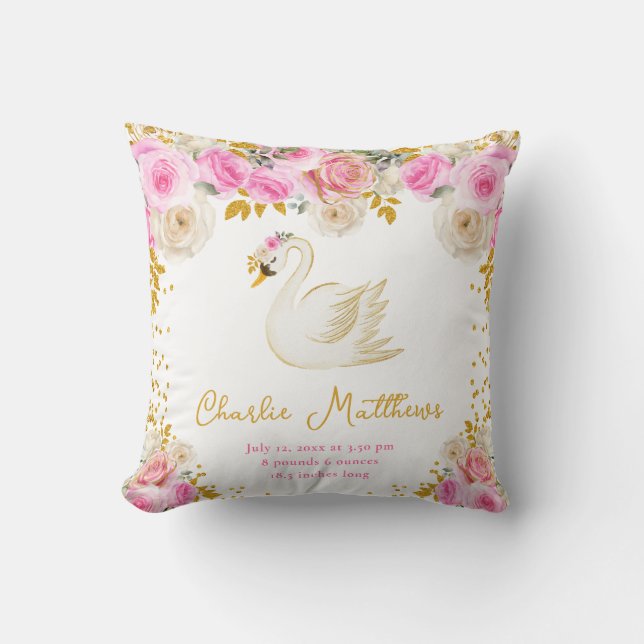 Swan Pink and Gold Roses Birth Statistics Cushion (Front)