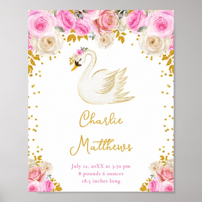Swan Pink and Gold Roses Birth Statistics Poster (Front)