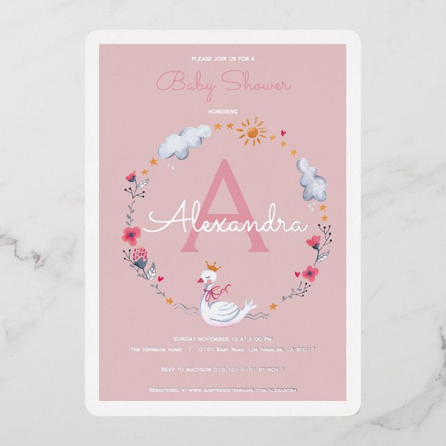 Swan pink baby shower invitation (Front)