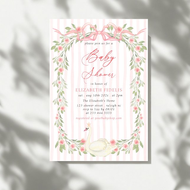 Swan Pink Bow Floral Roses Baby Shower Invitation (Creator Uploaded)