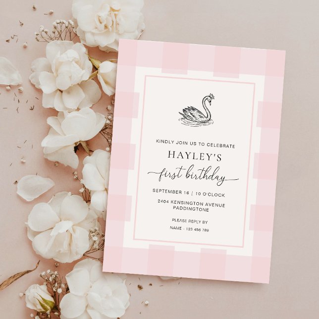 Swan Pink Gingham First Birthday Invitation (Creator Uploaded)