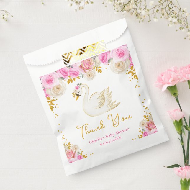 Swan Pink Gold Roses Baby Shower Thank You Favour Bag (Sealed)